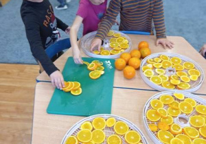 Dzieci układają pokrojone pomarańcze na suszarce.